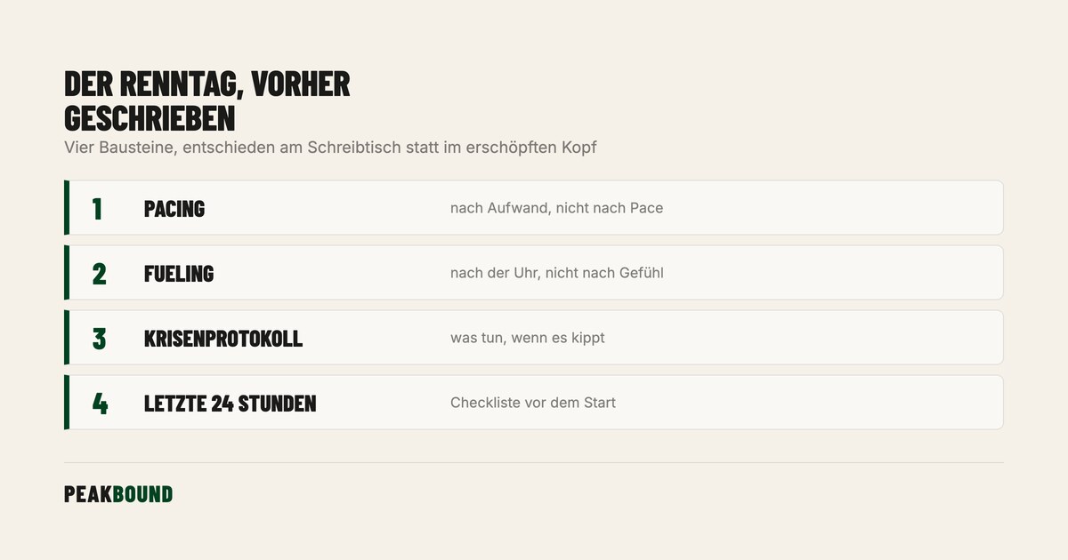 Schematische Zusammenfassung: Den Renntag schreiben, bevor er passiert: dein Renntag-Plan Schritt für Schritt